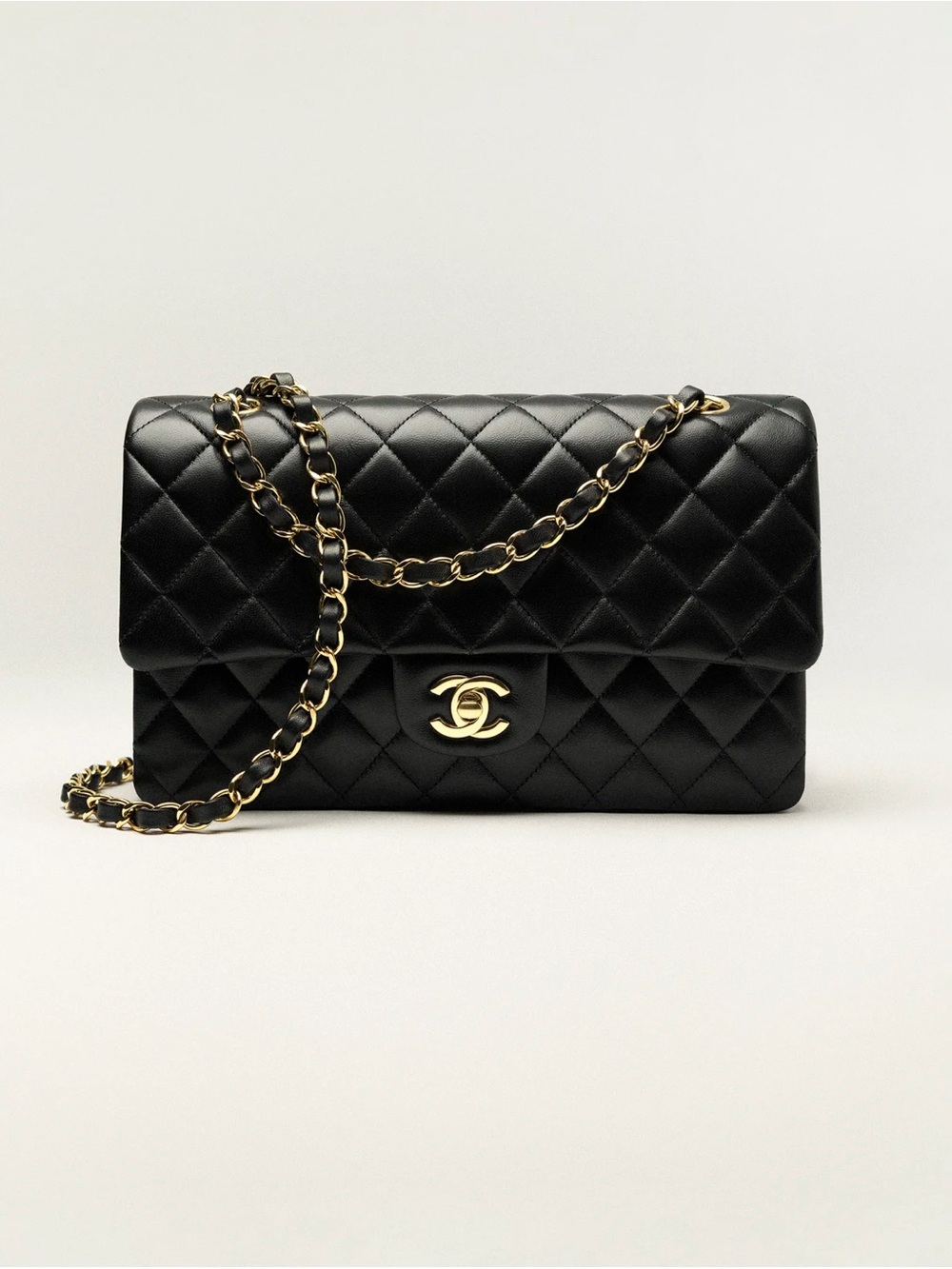 AUTHENTIC CHANEL Black Quilted Lambskin Shoulder Bag with Gold-Tone Chain